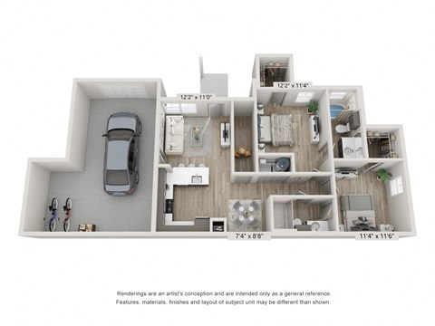 Floor plan for 2 beds, 2 baths, 987 sqft